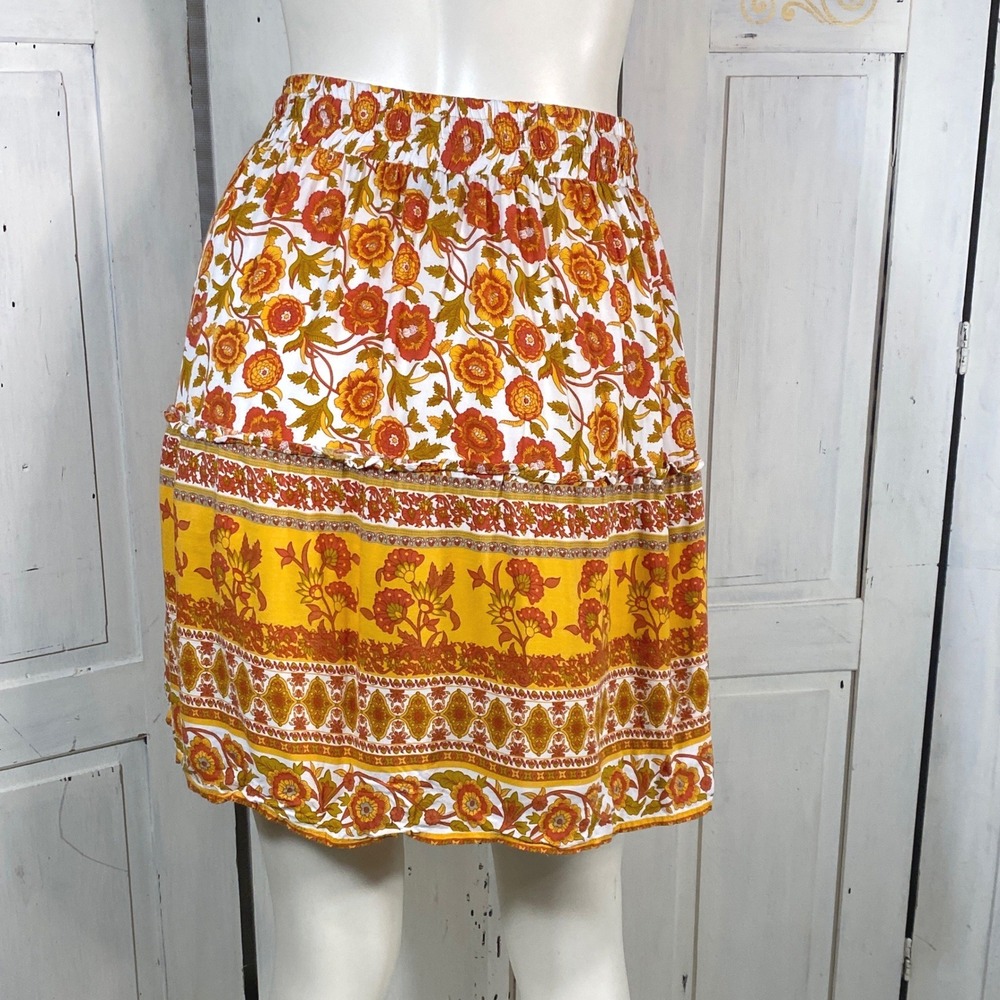 Boho Floral 100% Cotton Mini Skirt Orange Yellow Tiered Drawstring Small - Picture 3 of 7